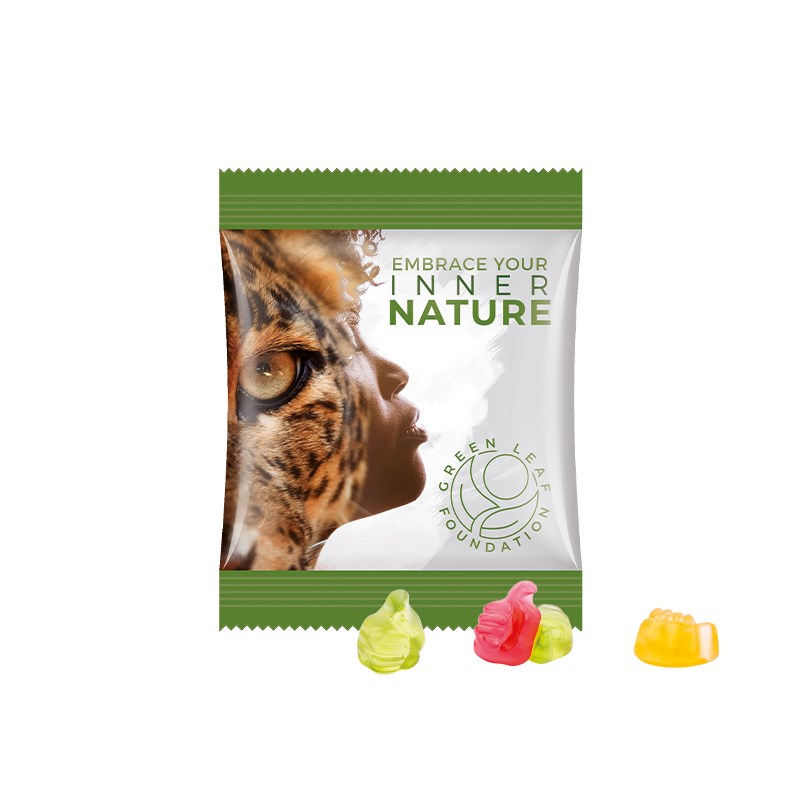 Minitüte,10 g, Folie weiß, Trolli Fruchtgummi Daumen, 10% Fruchtsaft