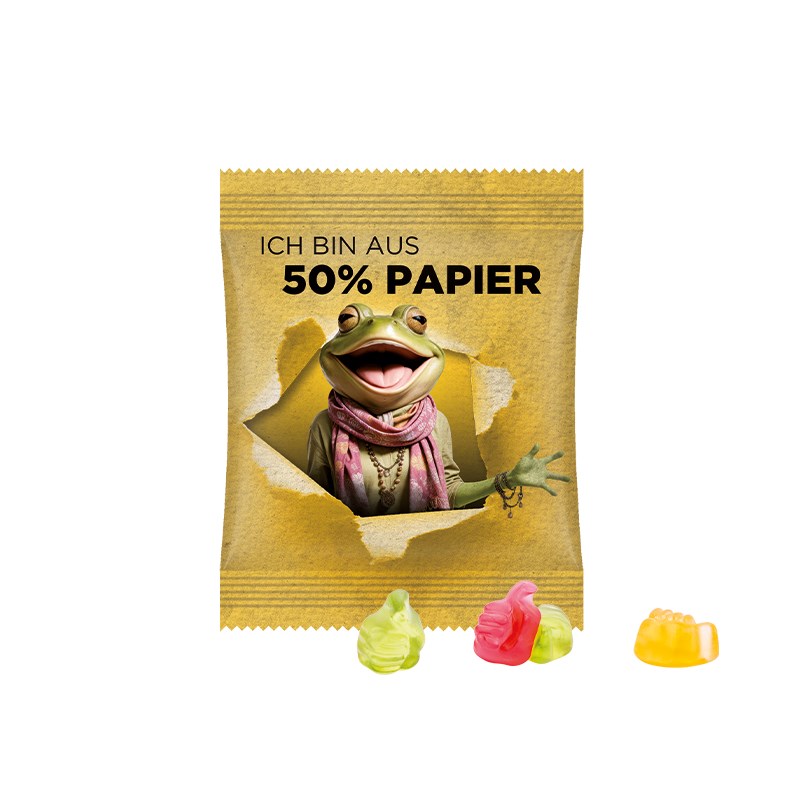 Minitüte, 15 g, Folie weiß mit 50% Papieranteil, Trolli Fruchtgummi Daumen, 10% Fruchtsaft