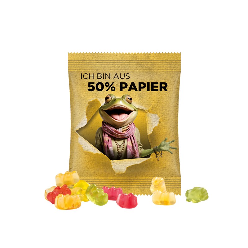 Minitüte, 10 g, Folie weiß mit 50% Papieranteil, Trolli Premium Bärchen, 10% Fruchtsaft