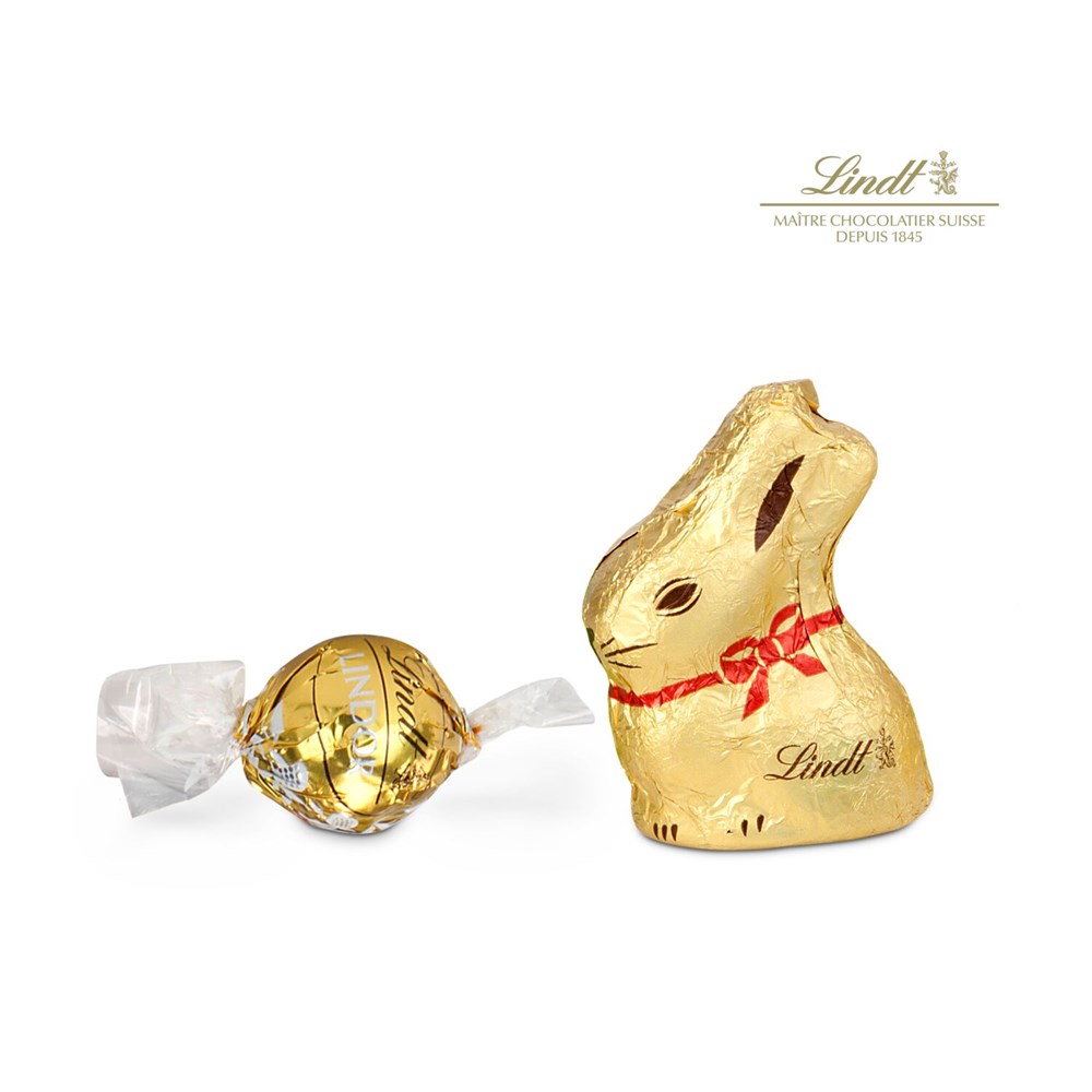 Goldenes Ostersäckchen mit Lindt Goldhase und Lindorkugel