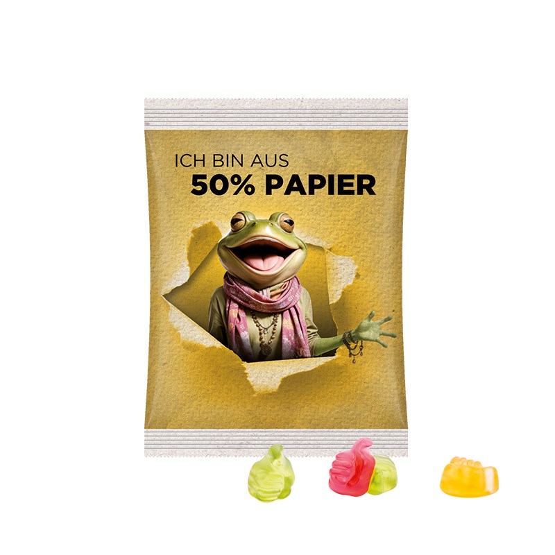 Maxitüte, 50 g, Folie mit 50% Papieranteil, weiß, Trolli Fruchtgummi Daumen, 10% Fruchtsaft